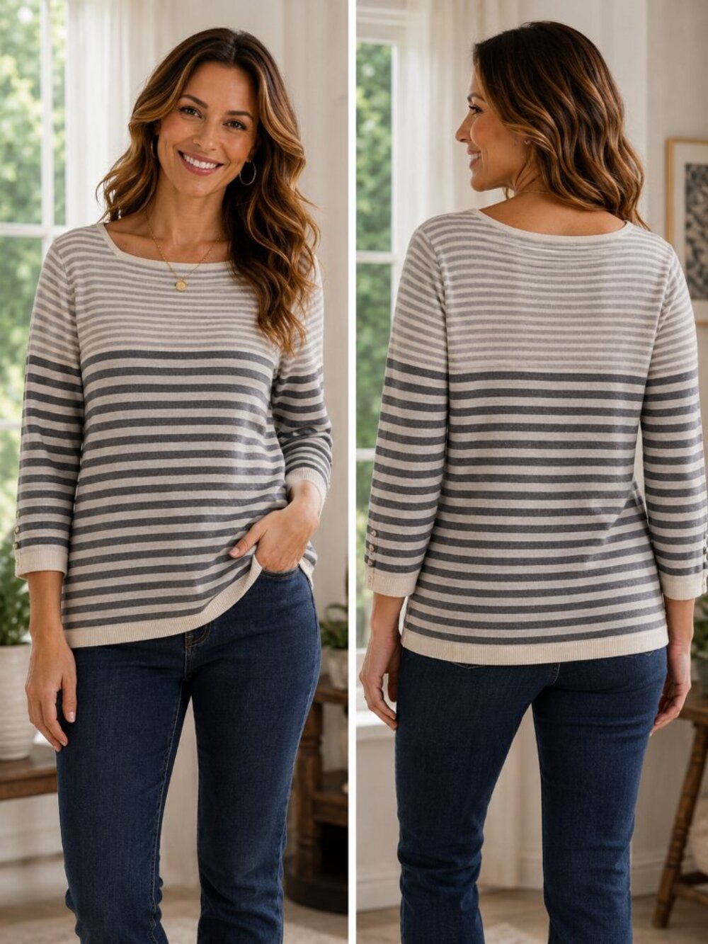 🤍 Susan Graver Grey Ivory Striped Sweater Size L 3/4 Sleeve 🤍